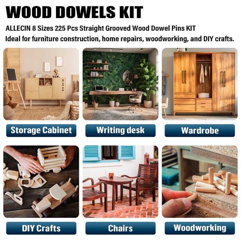 ALLECIN 8 Values Wood Dowels Kit 1/4 3/8 5/16 Inch Fluted Wooden Dowel Pins Pegs Assortment for Furniture Woodworking DIY Crafts (Pack of 225Pcs) - Image 5
